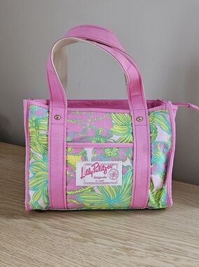 Lilly Pulitzer Mini Tote Bag Pink Green Floral Canvas Zip Top Small Preppy